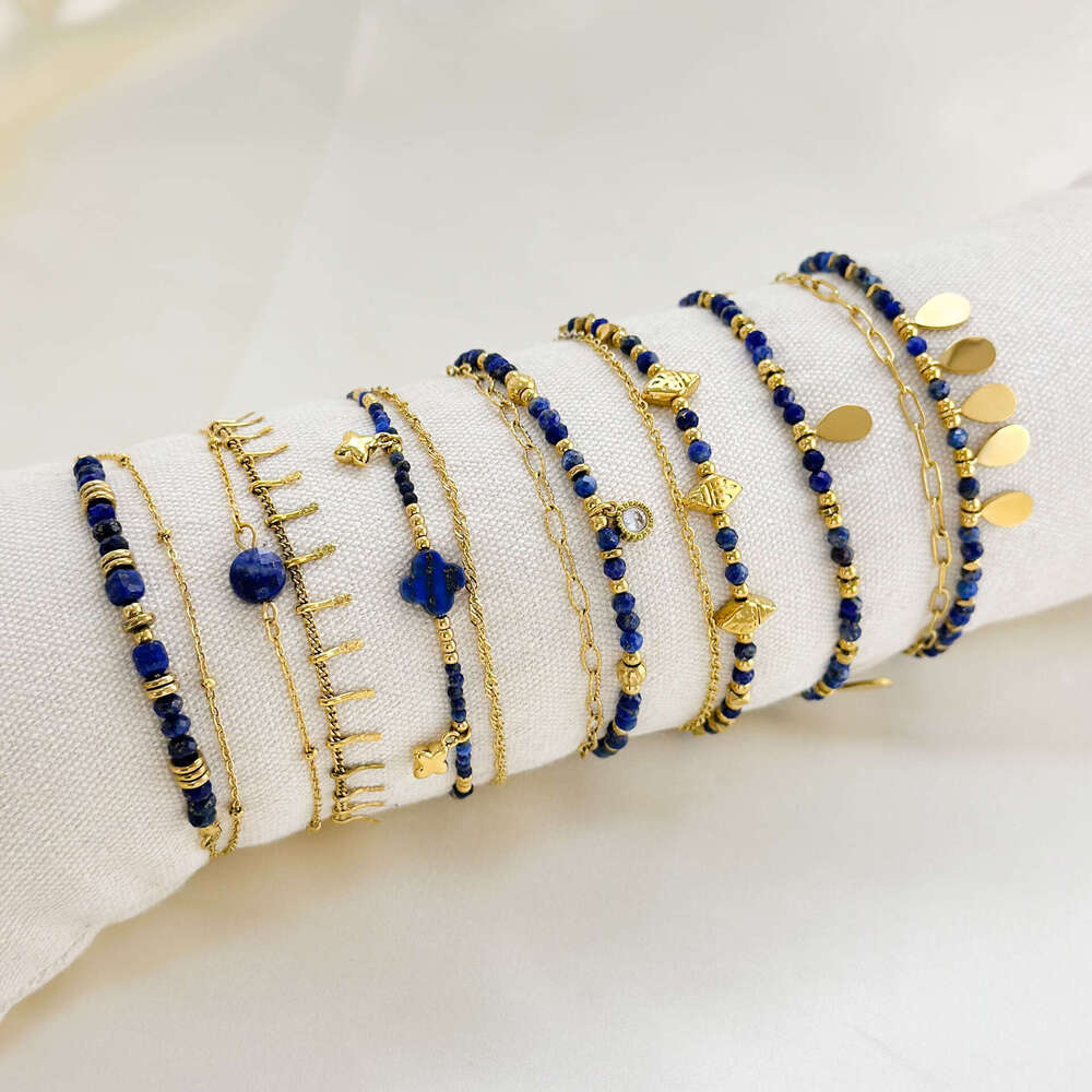 Ins Style Designer Lapis Lazuli French Design Natural Stone Bracelet Stainless Steel Gold-Plated Jewelry