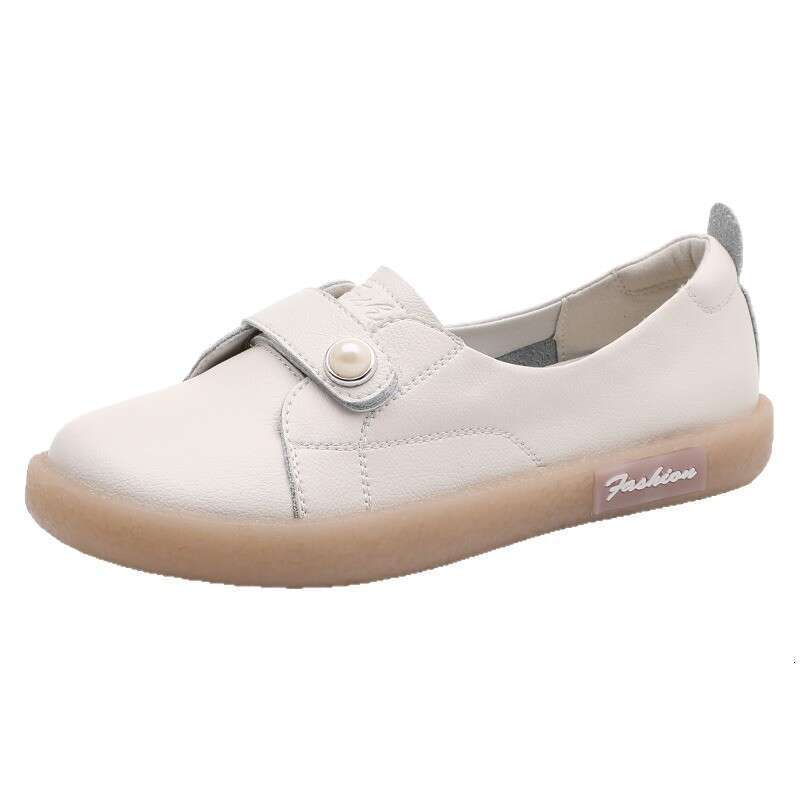 Genuine Leather Shallow Mouth White for Women 2025 Summer Autumn New Versatile Soft Sole Slip-On Nurse Mom Flat Single Shoes