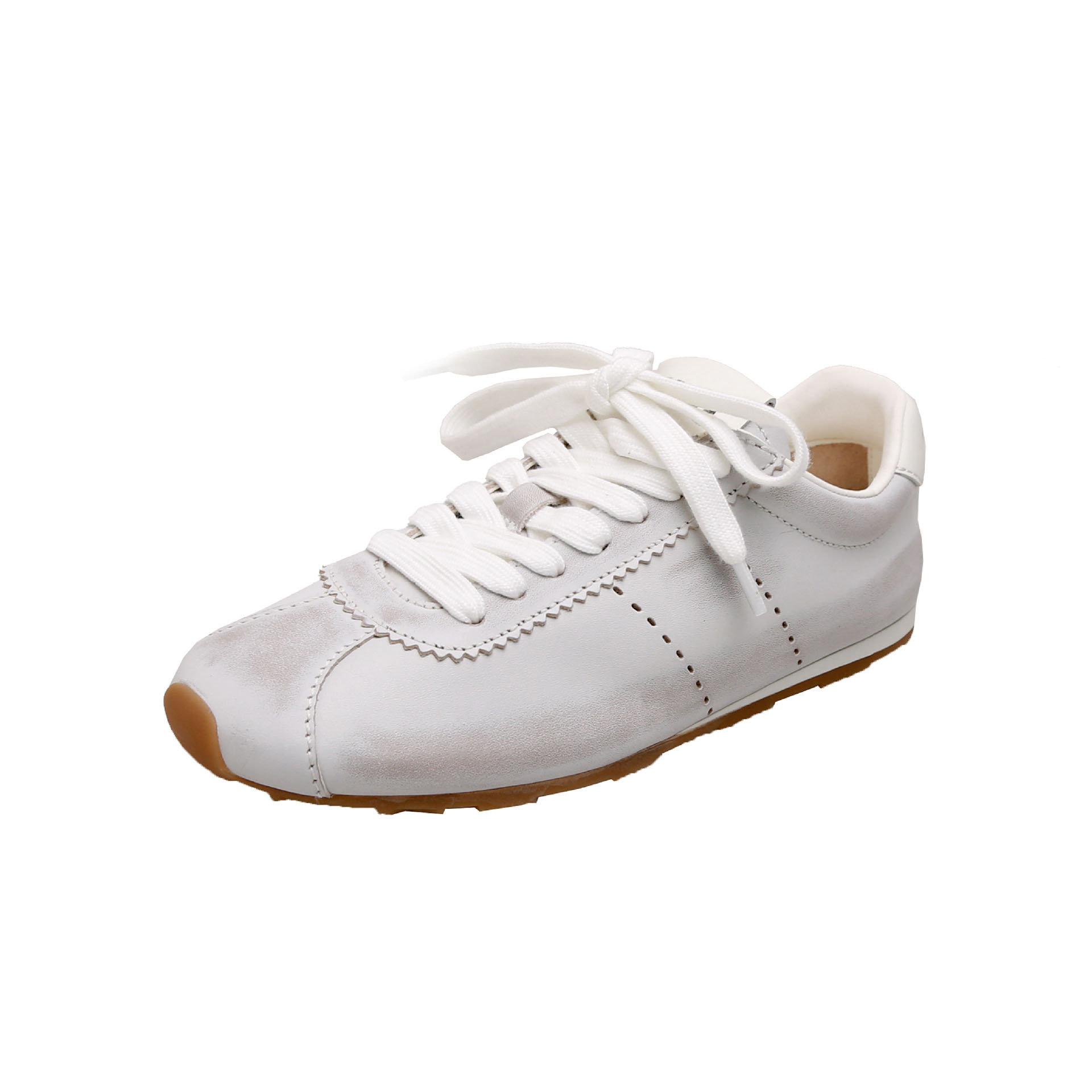 2025 new Women's new genuine leather vintage distressed lace-up white sneakers, summer breathable casual shoes for women
