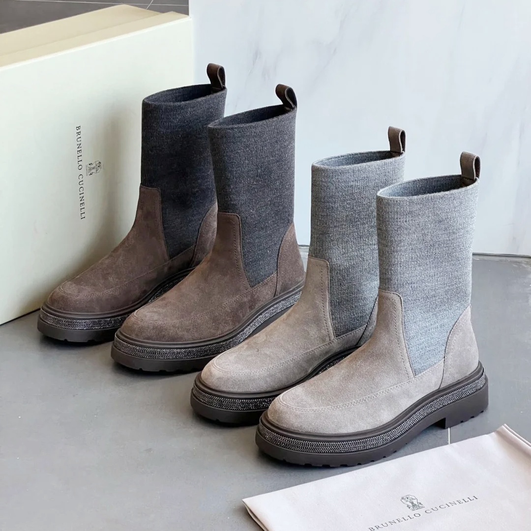 Womens Designer Ankle boot brunello cuccinelli booties Luxury Casual shoe leather motorcycle wedge Platform Knight boot Classic Outdoor sport track Martin boots