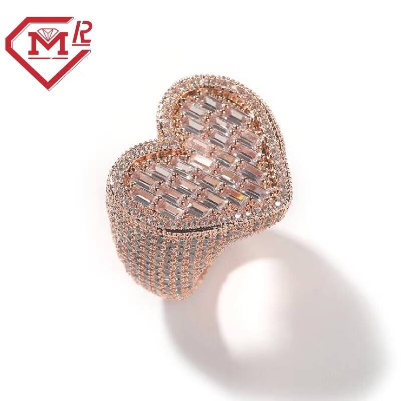 Full Iced Chunky Heart Shaped Moissanite Ring 925 Silver Icy Baguette Moissanite Diamond Hip Hop Ring for Women