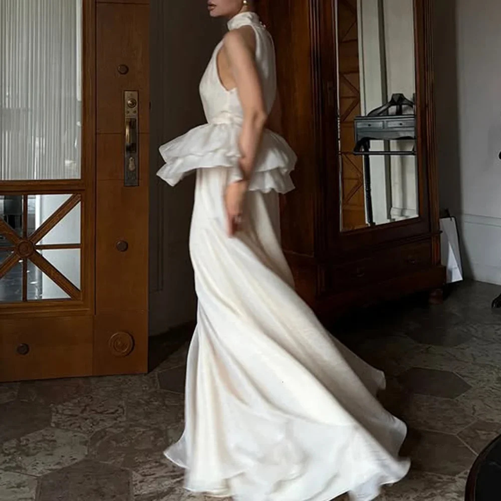 VGH Solid Evening Spliced Ruffles Maxi Dresses for Women High Neck Sleeveless Tunic Temperament Ceremony Dress Female Clothing 250815