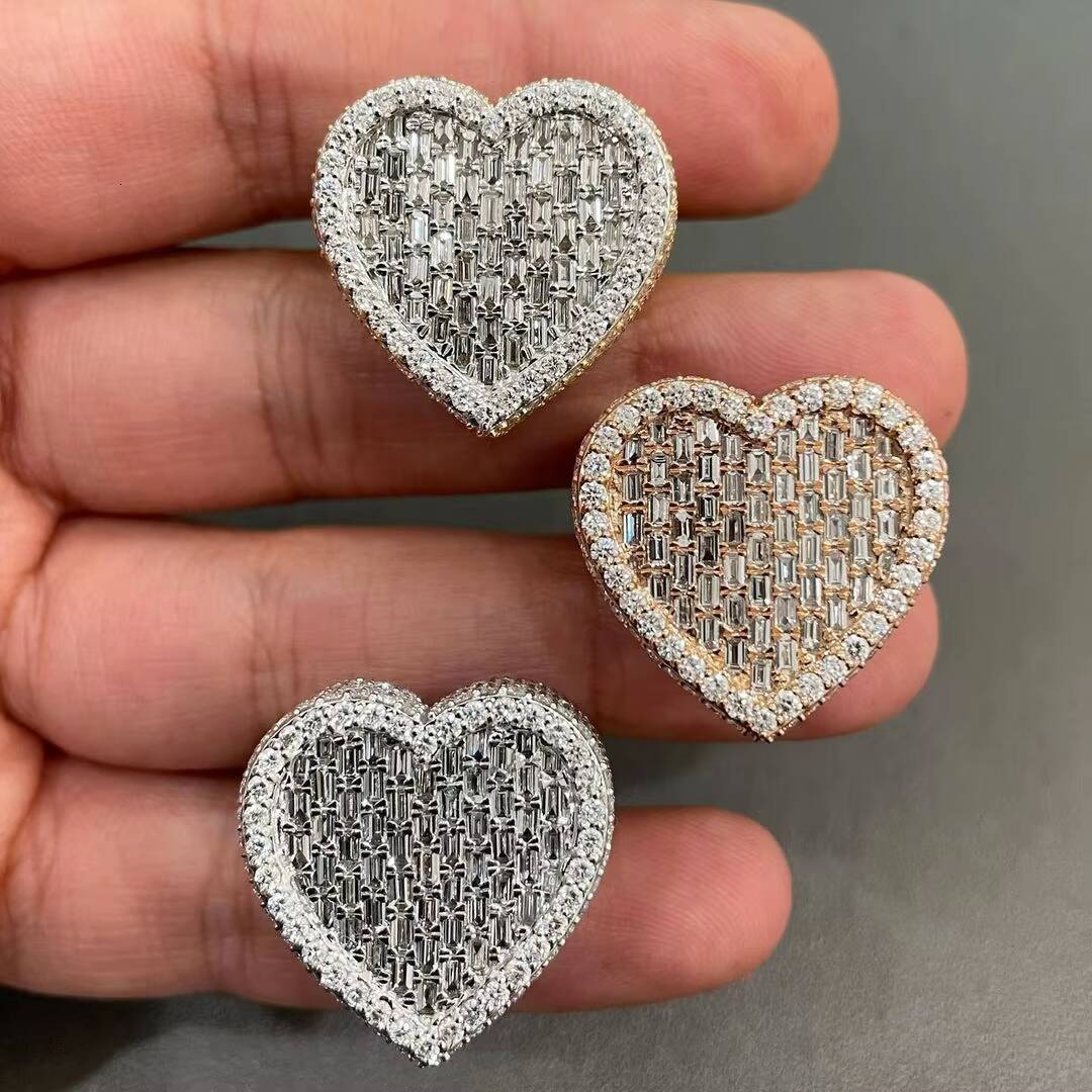 Popular Iced Out Heart Silver Moissanite Ring Gold 925 Plated Hip Hop VVS Baguette Cut Moissanite Ring