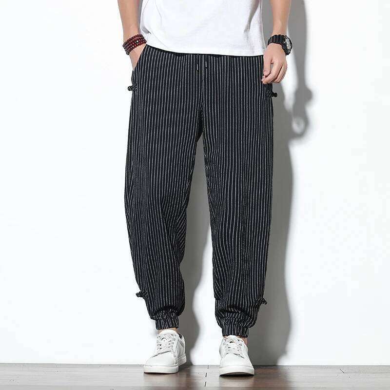 Spring Summer Disc Striped Harem Mens Breathable Cotton Linen Pencil Pants Buckle Casual Bloomers Fashion Trousers