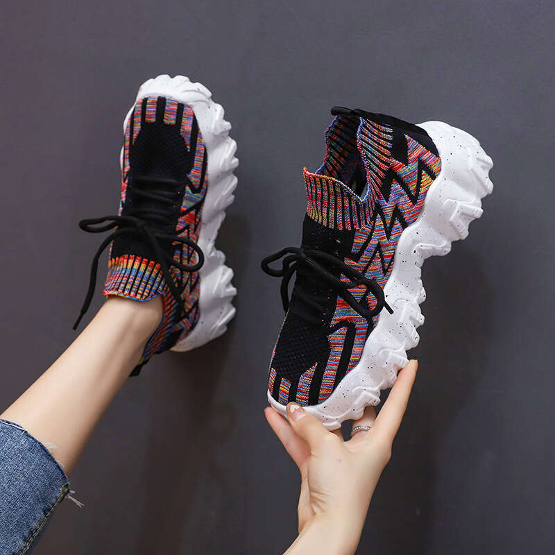 Summer New Trendy Women's with Sock Mouth, Breathable Mesh Wave Sole Casual Running Sports Shoes