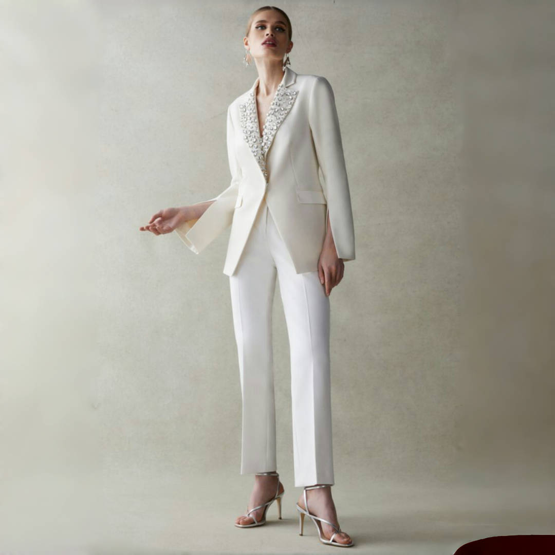 Luxurious Customized 2 Pieces Women Suits One Button Split Sleeve Pants Blazers Crystals Wedding Party Wear