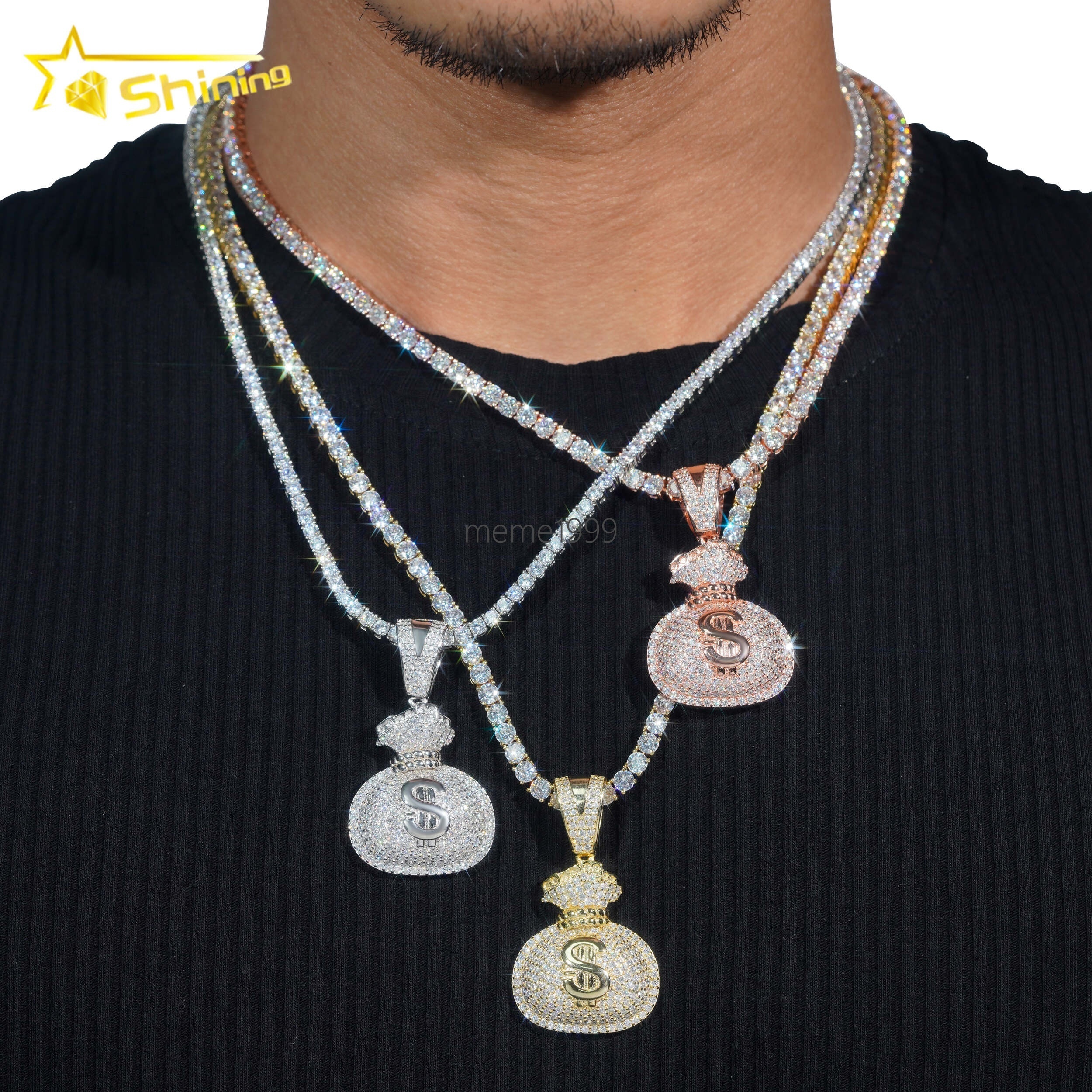 Pass Diamond Tester Fine Jewelry 925 Silver Gold Plated Diamond Iced Out Hip Hop Custom Money Bag Moissanite Pendant