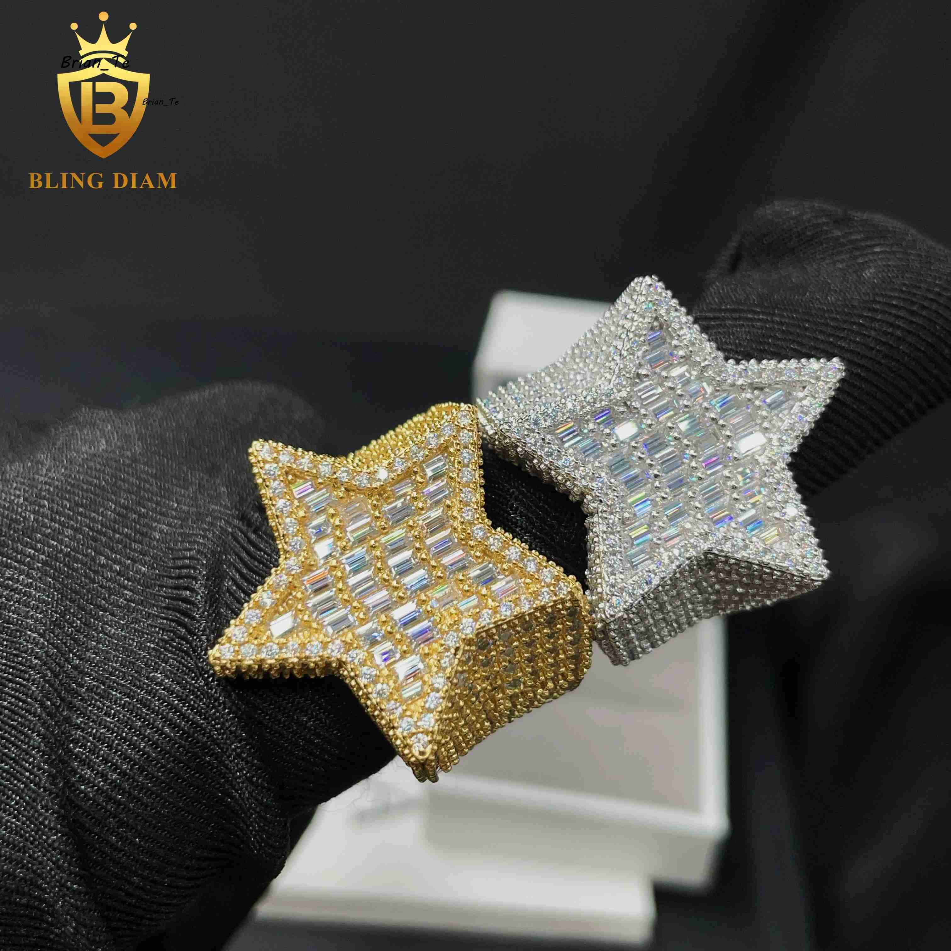 New Fashion Luxury Design 925 Silver Iced Out Baguette Diamond Hip Hop Star Mens Moissanite Ring