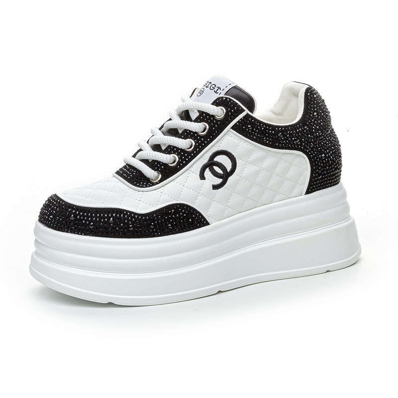 New Spring and Autumn Sneakers 7CM Height Increase Thick Sole Long-Leg Effect Versatile Women's Genuine Leather Rhinestone Internet Celebrity Whi