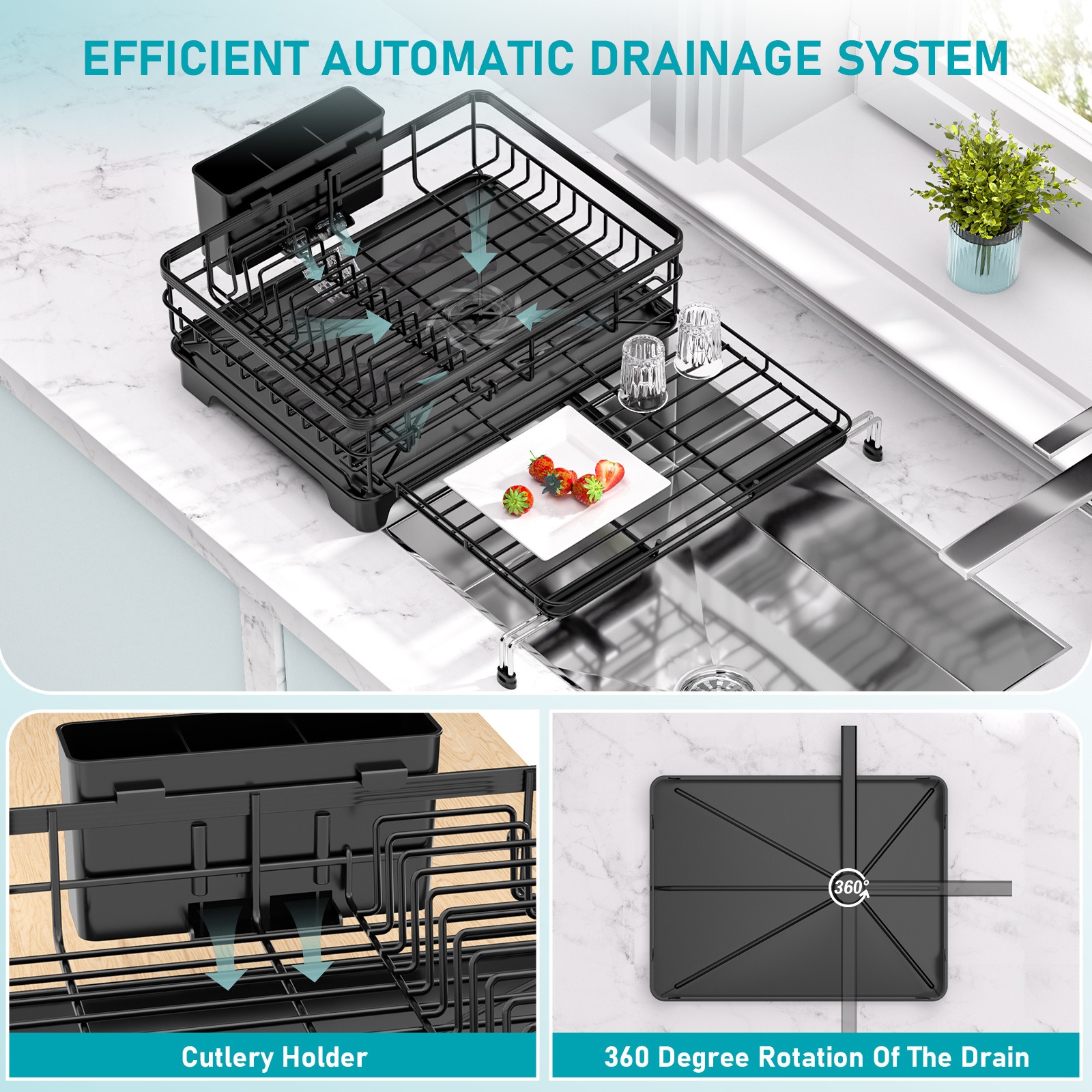 Extendable Dish Drying Rack for Kitchen Counter & Sink - Large Dish Drainer with Utensil Holder Anti-Rust Black Dish Rack Over The Sink Drying Rack & 