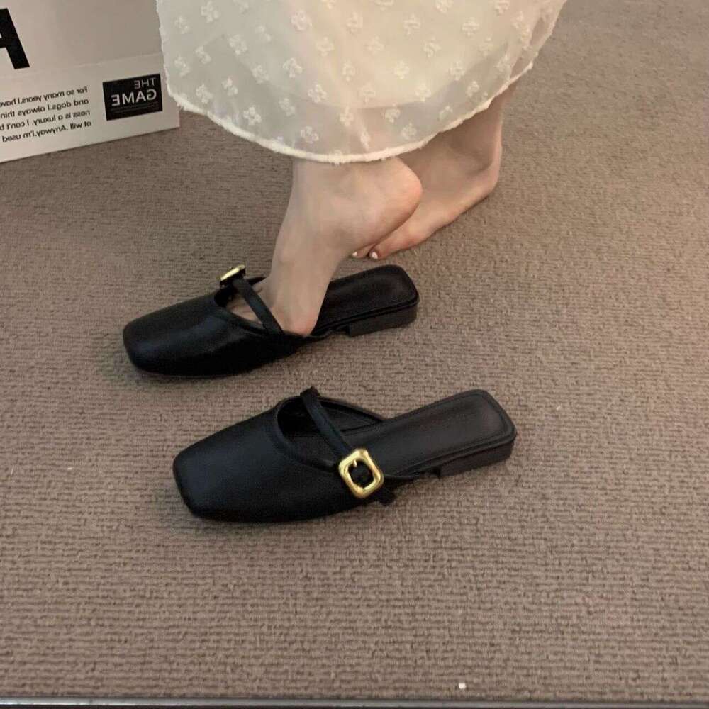 2025 Spring Summer New Versatile Soft Leather Mules Mary Jane Shoes French Style Closed Toe Half Slippers for Women Outdoor Wear