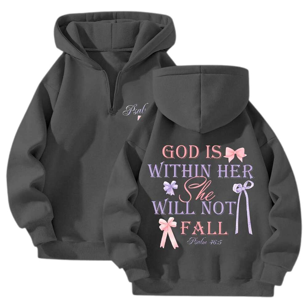 Black Women's Letter Fashion Double-Sided Print Quarter Zip Fleece Sweatshirt