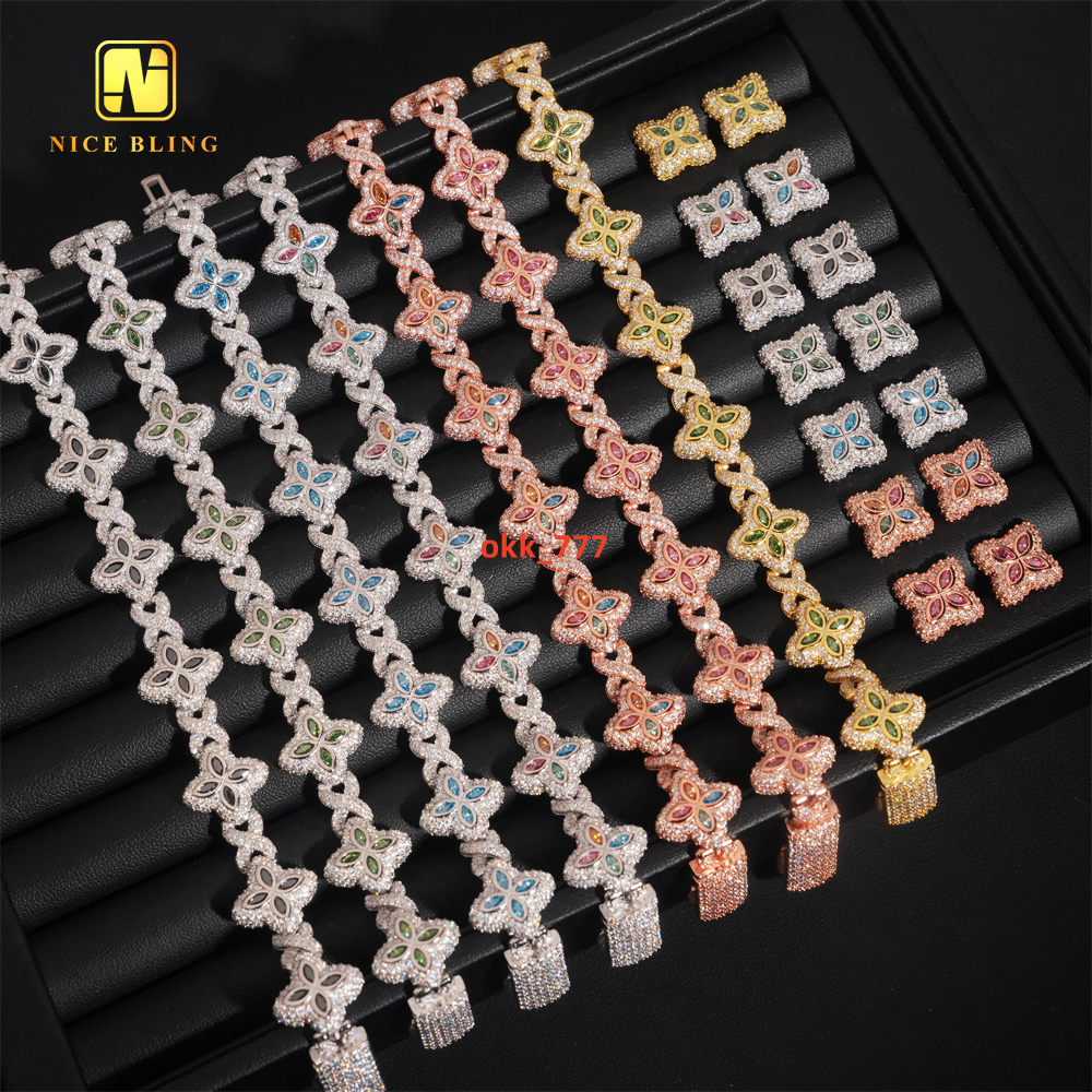 Hot Sale 15mm Hip Hop Jewelry Pear Cut VVS Moissanite 925 Silver Iced Out Bracelet Earrings Set Mix Color Diamond Cuban Chain