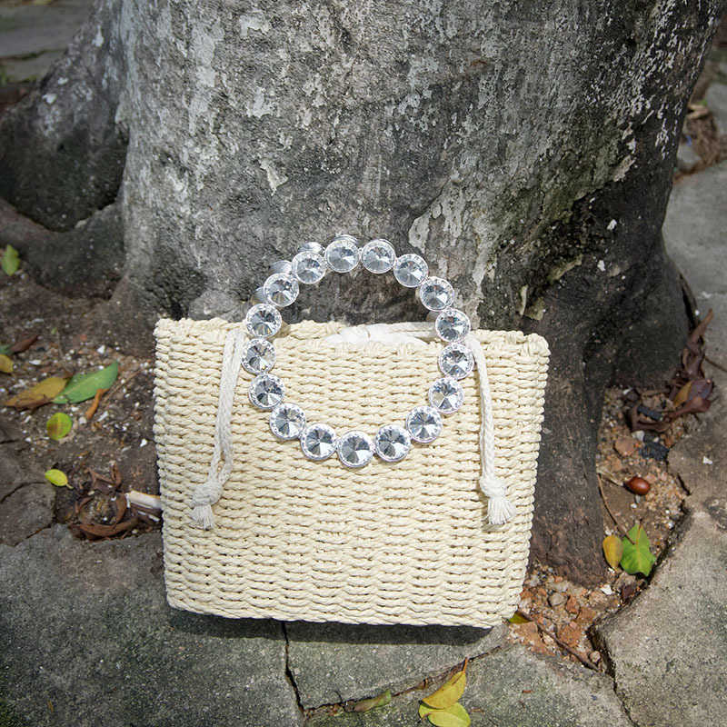 Fresh and Sweet Style Woven Look Straw Shiny Rhinestone Handbag Chain Trendy Bag Shoulder Bag Crossbody Bag
