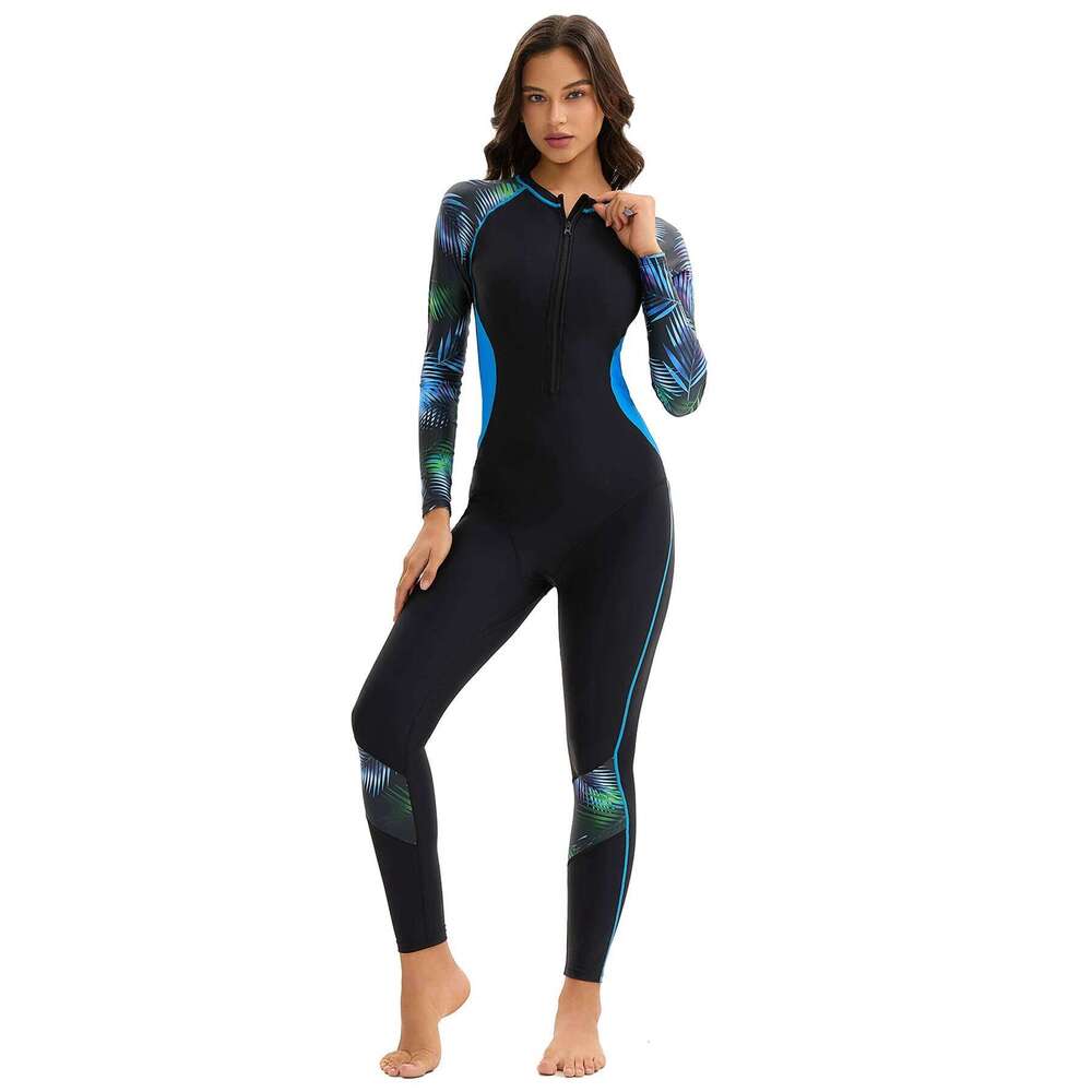 2025 New Long Sleeve Sport Swimwear Women Plus Size One Piece Female Surfing Swimsuit Leaf Print Bathing Suit Beachwear