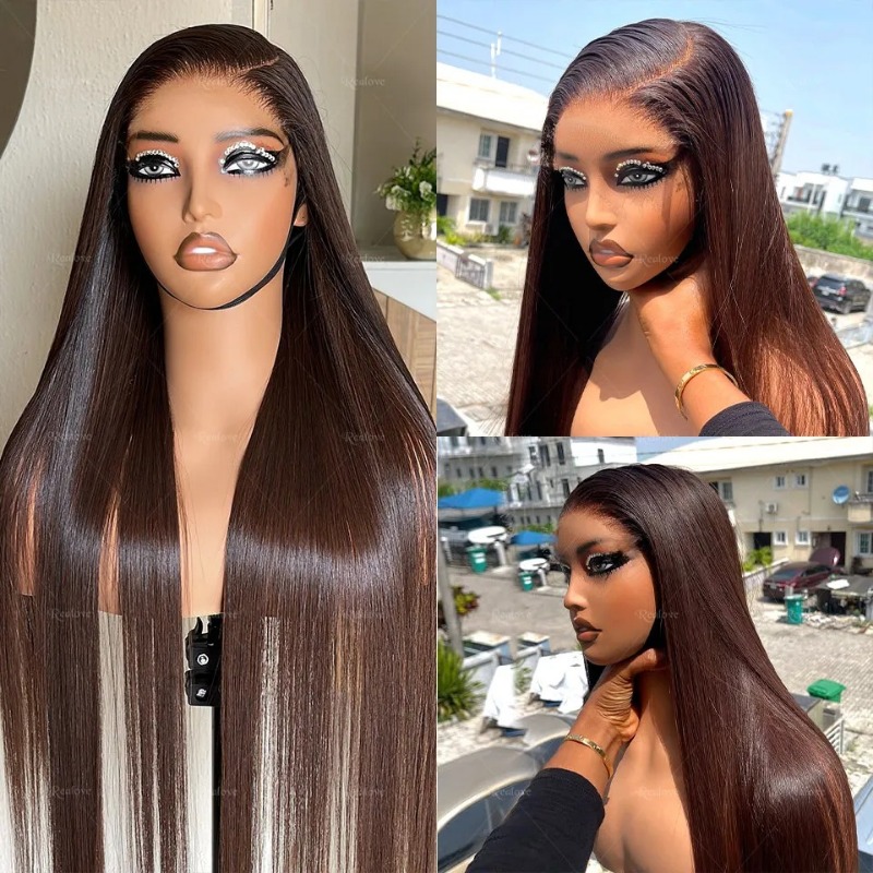 Chocolate Brown Colored Gluelesss 13x4 HD Lace Front Human Hair Wigs High Density Hd Transparent Lace Raw Indian Straight Human Hair Frontal Wigs