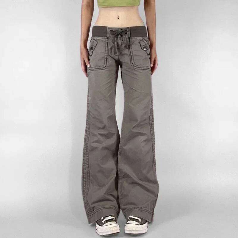 Retro Lace-up Low Rise Pants Streetwear Patchwork Loose Casual for Women Haruku Straight Trousers Korean Fashion