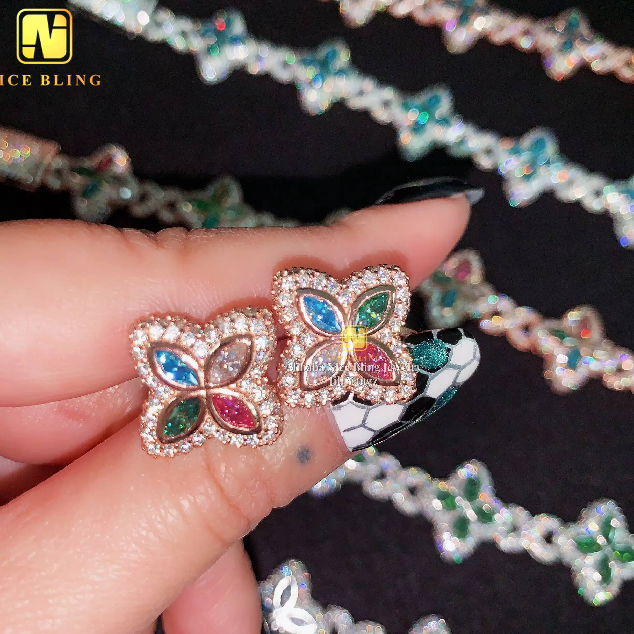 Nice Gift Set Idea Pass Diamond Tester Flower Shape Marquise Cut Diamond 925 Sterling Silver Color Moissanite Stud Earrings