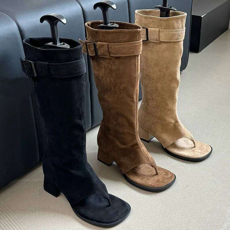 Fashion Buckle Women Knee High Female Flip Flops Shoes Western Ladies Sandals Boots With Square Heels Footwear