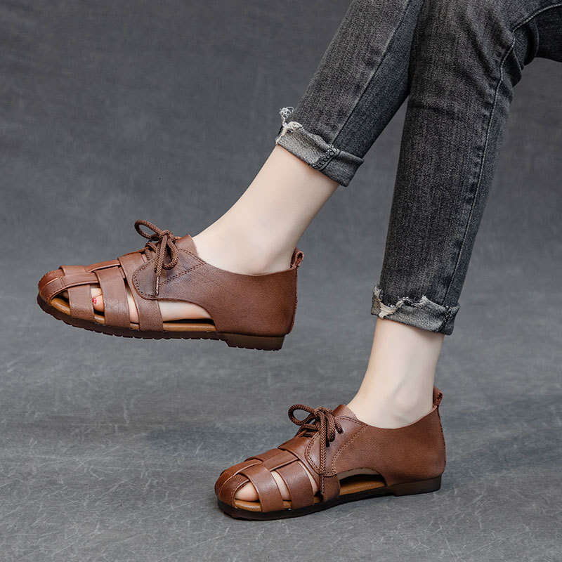 2025 Summer New Roman Sandals for Women, Lace-up Soft Sole Comfortable Flat Genuine Leather Pig Cage Shoes