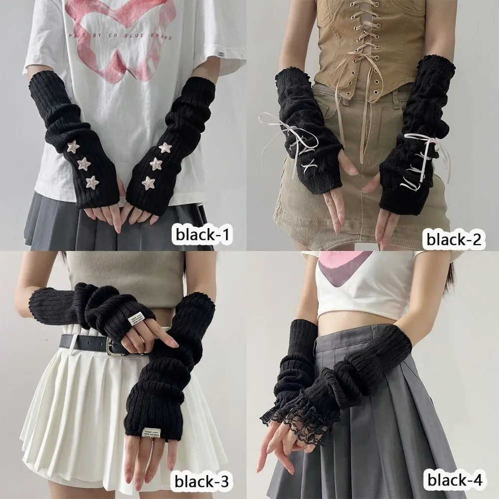 Fingerless Long Wrist Gloves Arm Warmers False Sleeves Knitted Finger Cover Black White Half 250811