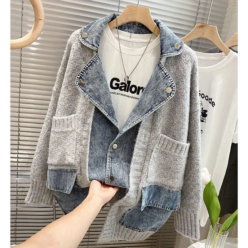 Autumn Winter Women Splicing Denim Jacket Women Long Sleeve Jean Jackets Female Loose Sweater Cardigan Jacket 250820