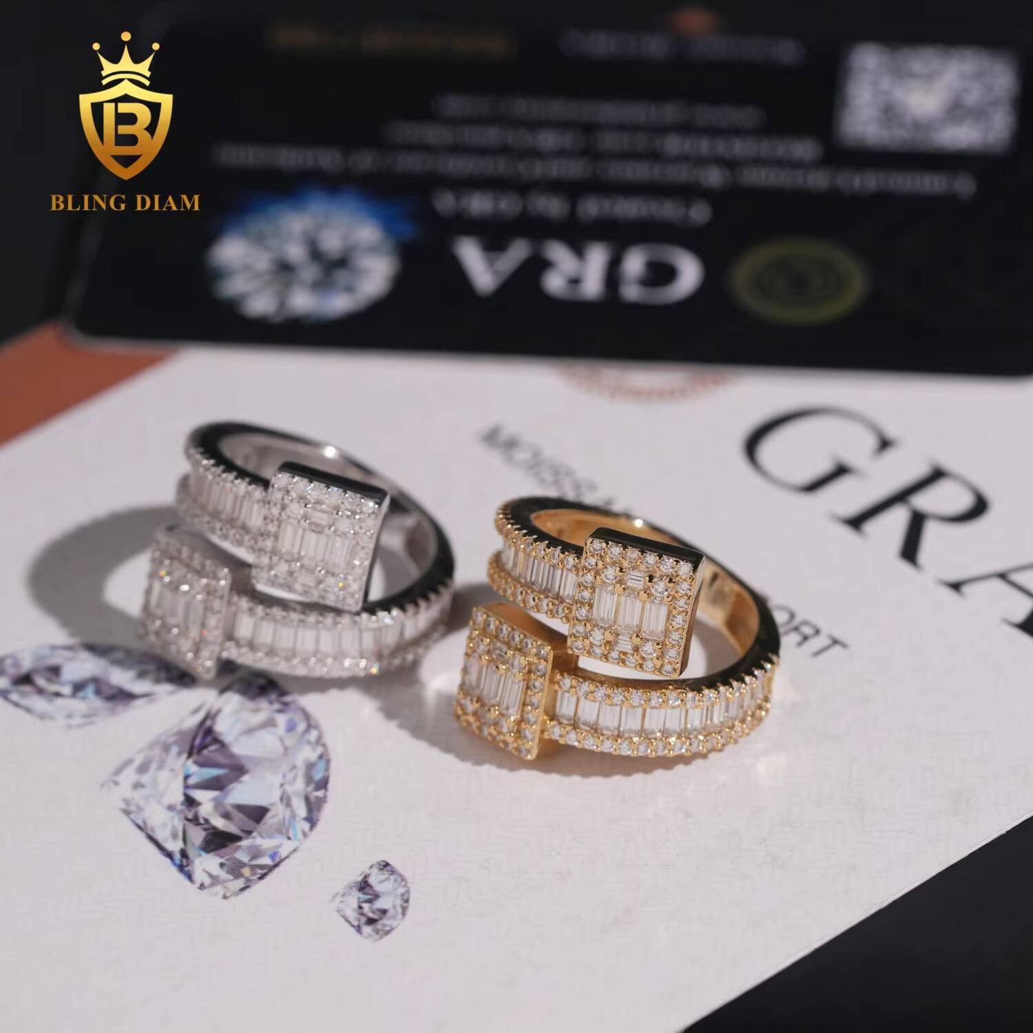 Hip Hop Jewelry 925 Sterling Silver Gold Plated VVS Full Moissanite Lab Grown Diamond Adjustable Open Square Ring for Men