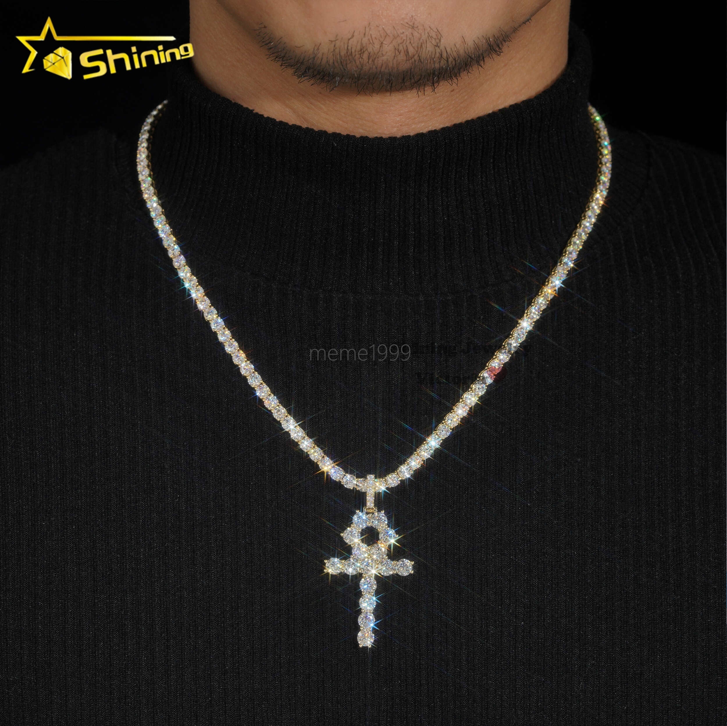 Custom Top Quality Certified Tennis Chain Diamond Hip Hop Solid Gold Jewelry 10k 14k 18k Real Gold Vvs Moissanite Cross Pendant