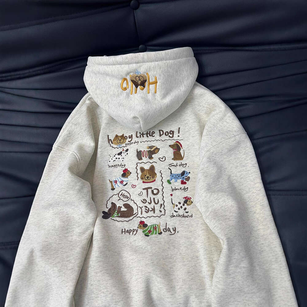 Cute Dachshund Puppy Print Hoodie for Women, Autumn and Winter Fleece-Lined, High-End Niche Ins Style, Casual Loose Jacket