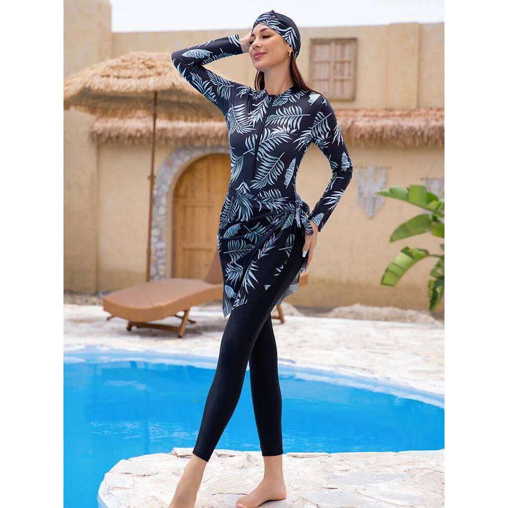 Summer Beach Floral Swimwear Swimsuit Women Swimming Suit Burkini With Shawl, Quick Drying, Upf50+