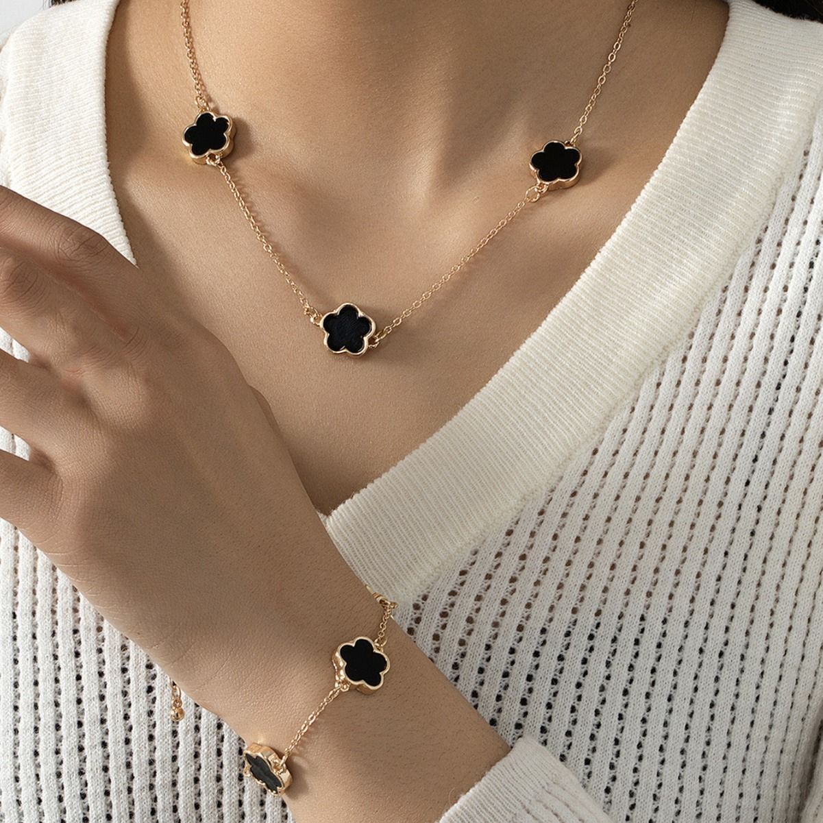 Chic Floral Accents - Complete Matching Bracelet/Necklace with Delicate Five Petal Design