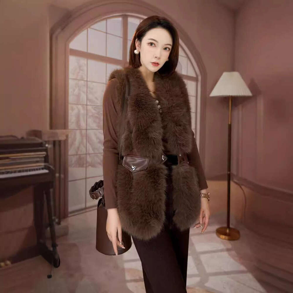 Women's imitation fox skin vest winter long vest women's fashionable vest thick warm fluffy fur sleeveless jacket