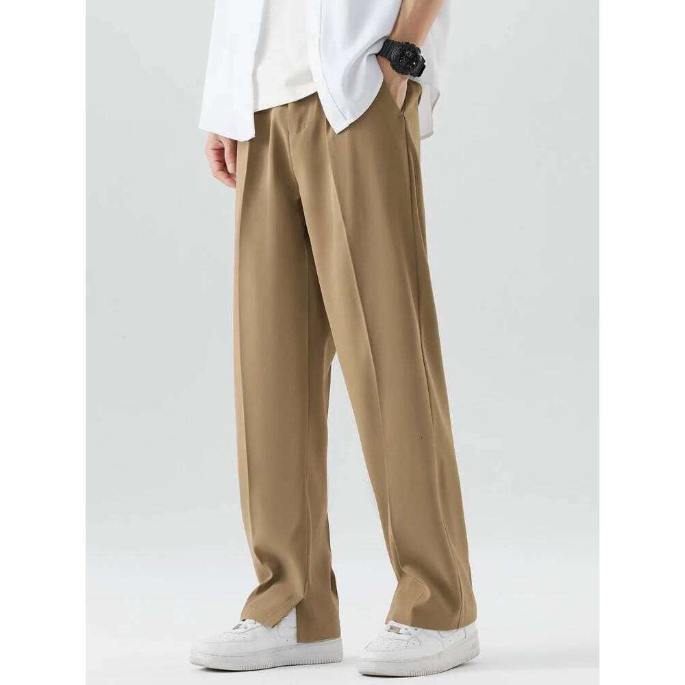 2023 New Summer Casual Pants Men Breathable Polyester Korean Fashion Semi-Wide Banded Waist Slacks Straight Loose Drape Trousers