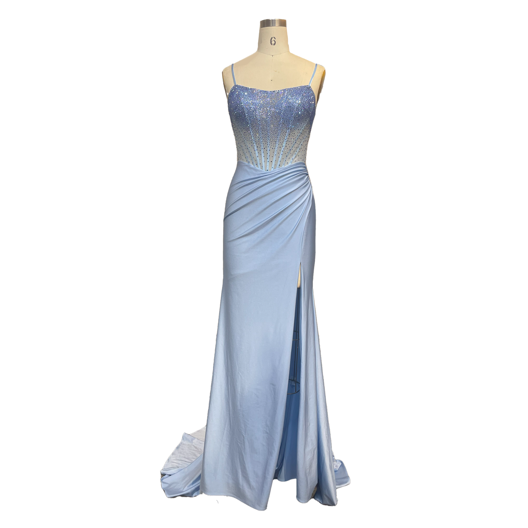 Light Blue Sequin-Embellished Spaghetti Strap Mermaid Evening Gown with High Slit