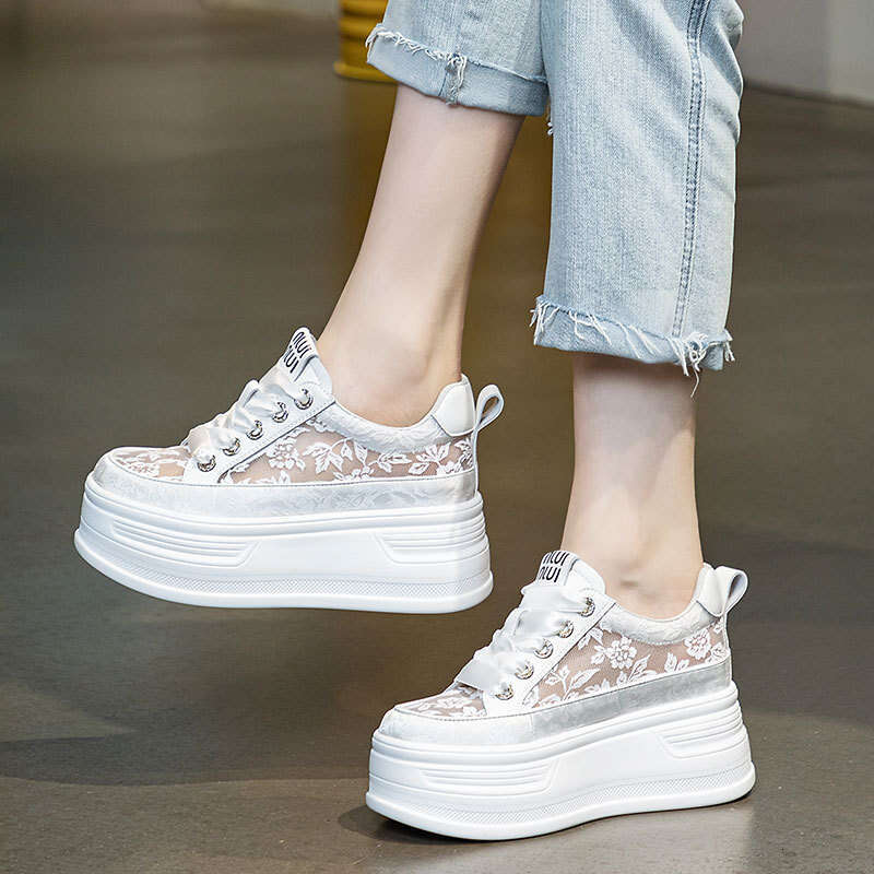 2025 Summer New Lace Mesh Height-Increasing White Sneakers for Women, Versatile Fashionable Casual Shoes, Thick-Soled Platform Shoes