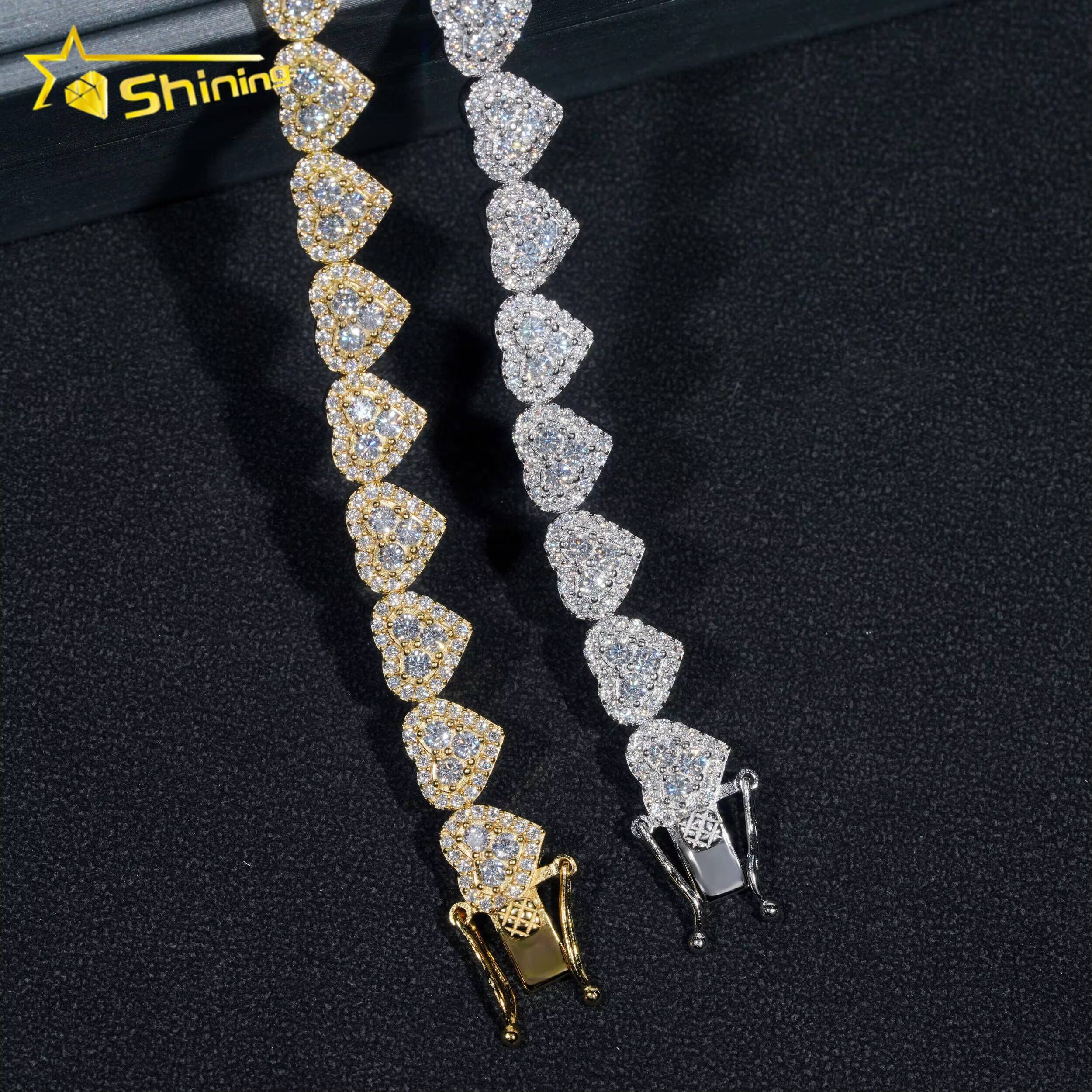 Ready to Ship High Quality Fashion Iced 925 Silver 8mm Heart Shape VVS Moissanite Diamond Cuban Bracelet