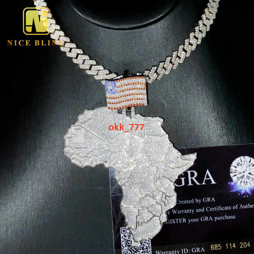 Hip Hop Style Large Africa Map Custom Iced Out Big Moissanite Diamond 925 Silver Pendant for Men Moissanite Pendant