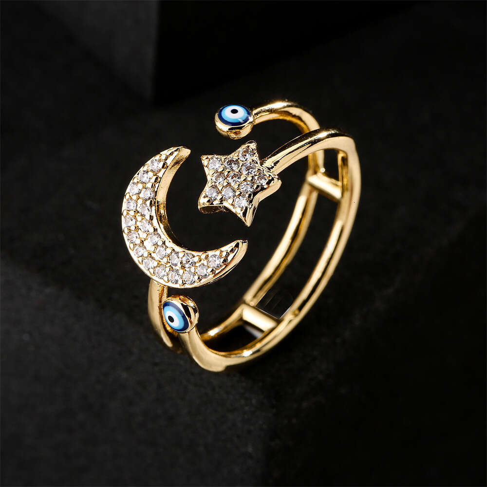Fashion Designer Star and Moon Design Geometric Open Ring Oil Drop Demon Eye Jewelry