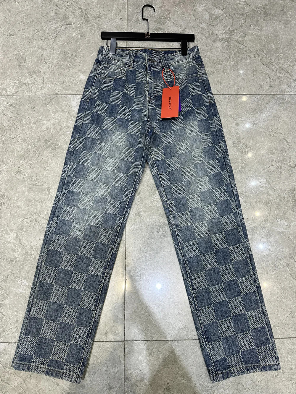 Plaid Pattern Light Blue Mens Jeans Y2k Mid Waist Distressed Pants Loosen Males Streetwear 250820