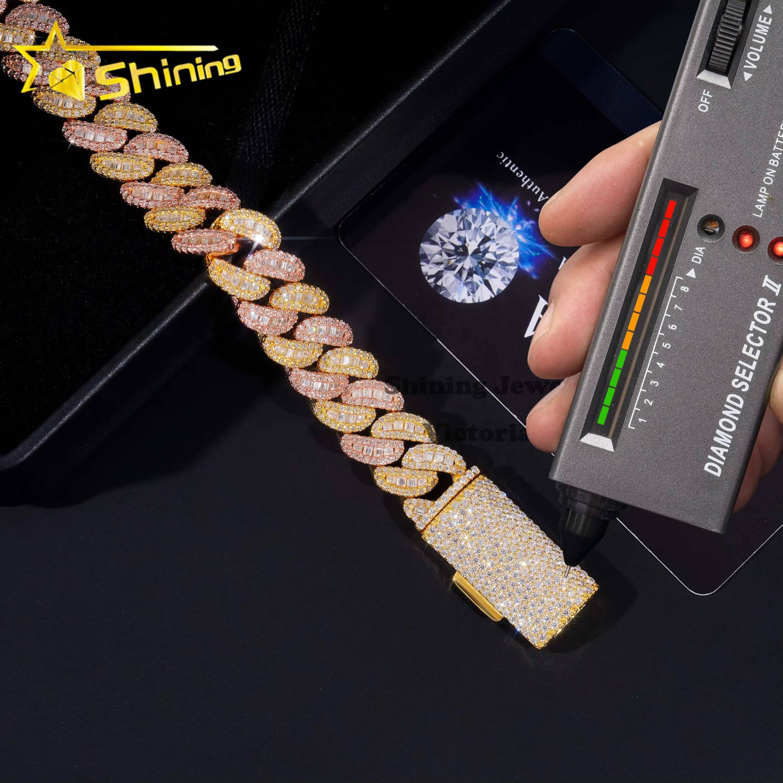 Hip Hop Iced Out 925 Sterling Silver Rose Gold Mix Yellow Gold 13MM Width Baguette Moissanite Cuban Link Chain Bracelet for Men