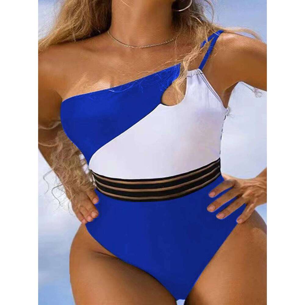 One Shoulder Cut Out Bikini Swimsuit Women Cloth Panel Patchwork Bodysuit Swimwear Female Surfing Sports Bathing Suit Beachwear