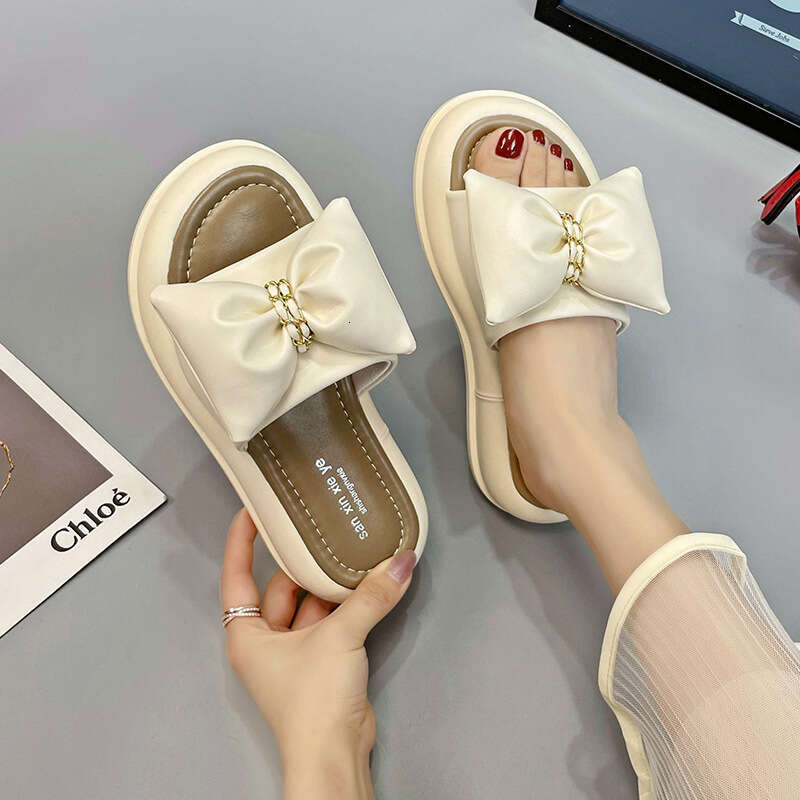Thick-Soled Slippers for Women Summer Outdoor 2023 New Fashion Internet Celebrity Bow Fairy Style Mid-Heel Platform One-Strap Sandals