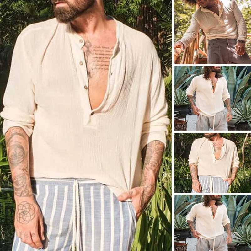 Vintage Henley Collar Buttoned Mens T Shirt Casual Breathable Long Sleeve T-shirts For Men Fashion Solid Color Loose Pullovers Y250819