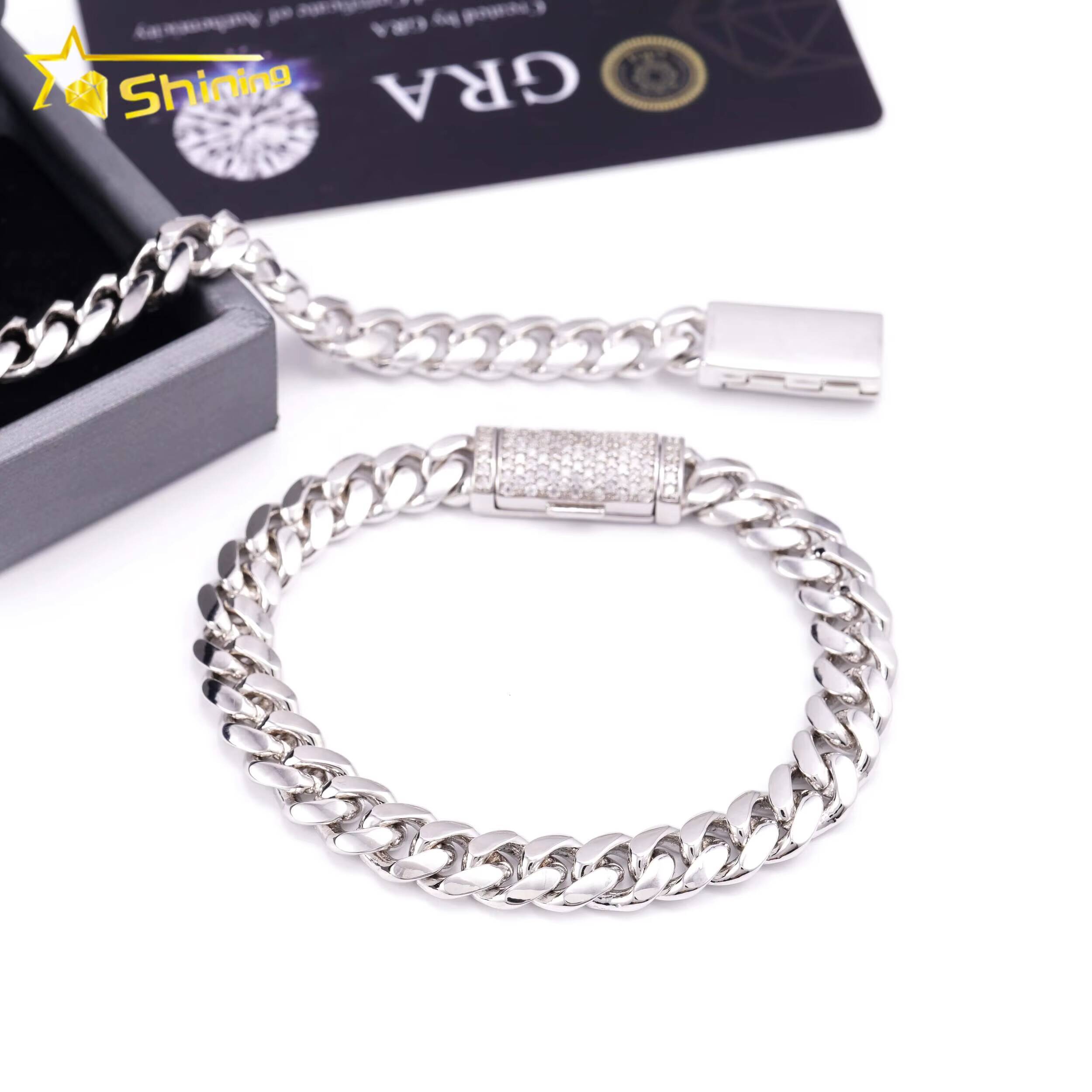 Wholesale 8MM Diamond Moissanite Lock Hip Hop 925 Silver Plain Miami Cuban Link Chain Bracelet