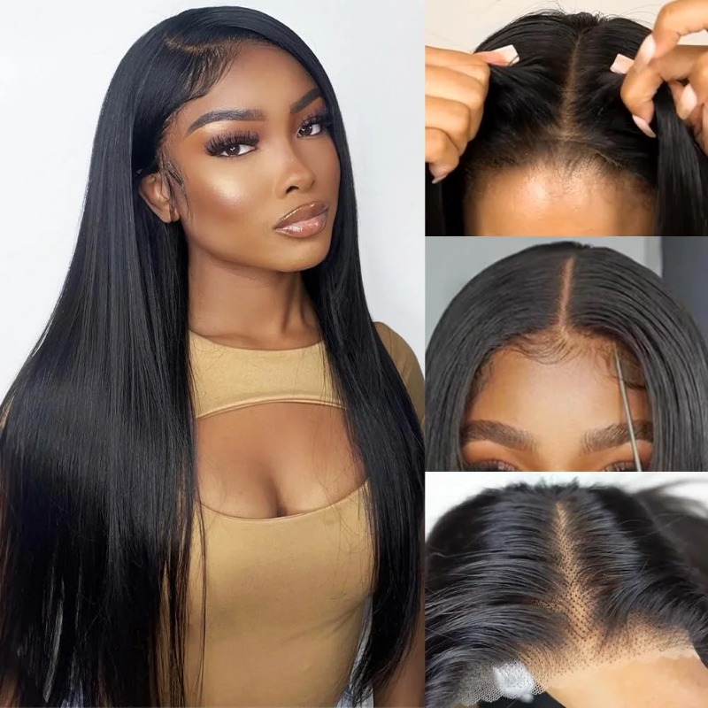 Straight Human Hair Wig Pre Cut HD Lace Front Wig Pre Plucked Bleached Knots Put On and Go Glueless Straight Human Hair High Density 180% Density Stra