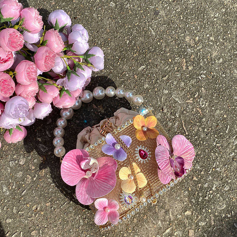 Metal Flower Beaded Handbag Shiny Non-Slip Water Basket Birdcage Party Bucket Clutch Crossbody Bag