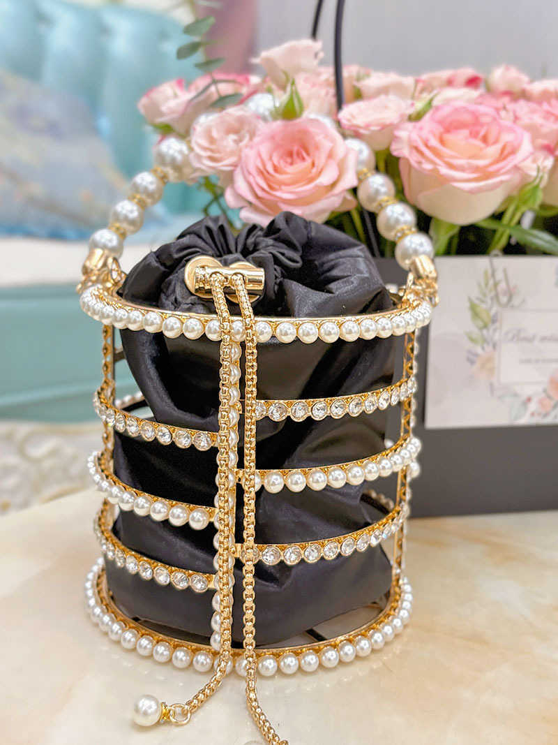 French Style Hollow Silk Satin Shiny Watercress Basket Banquet Pearl Bucket Handheld Crossbody Bag