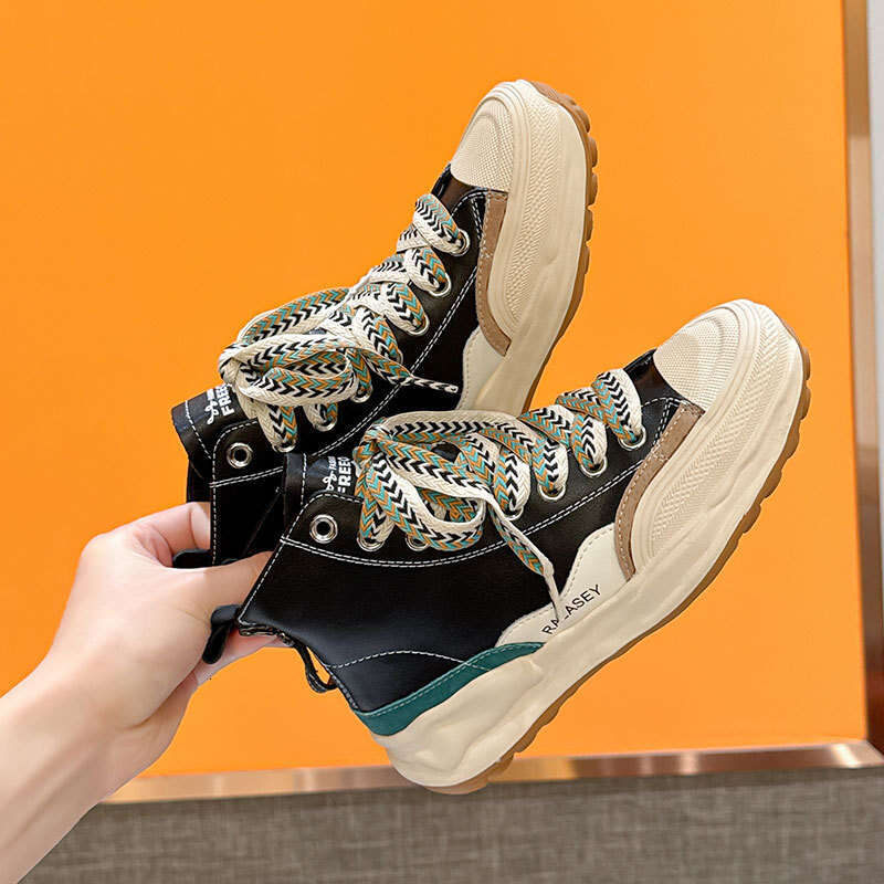 2025 New Spring Genuine Leather High-top European Style Thick-soled White Height-increasing Niche Sports Casual Women's Shoes