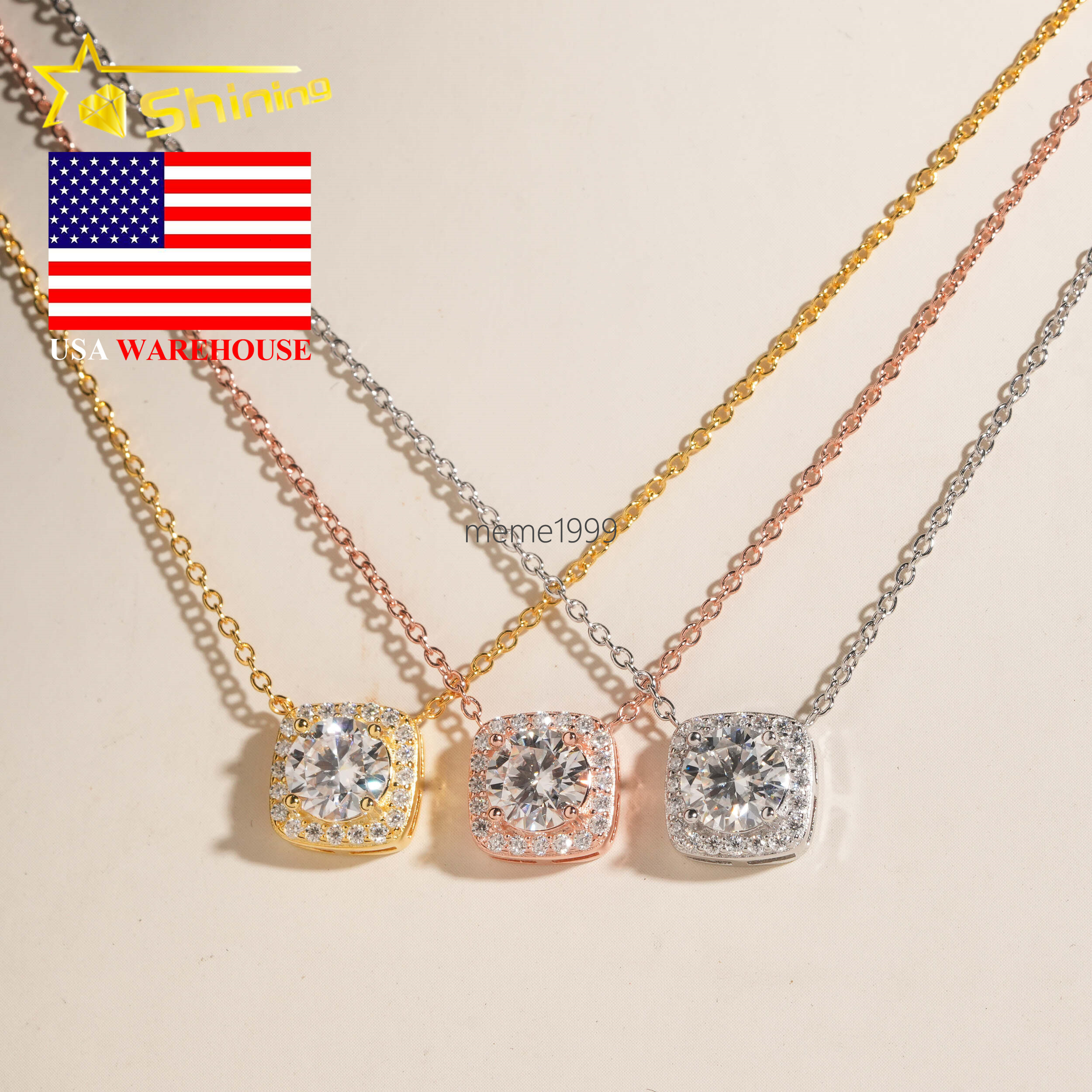 USA Local Stock Fine Jewelry Moissanite Necklace 925 Silver Classic Halo Design Round Moissanite Pendant Necklace for Women
