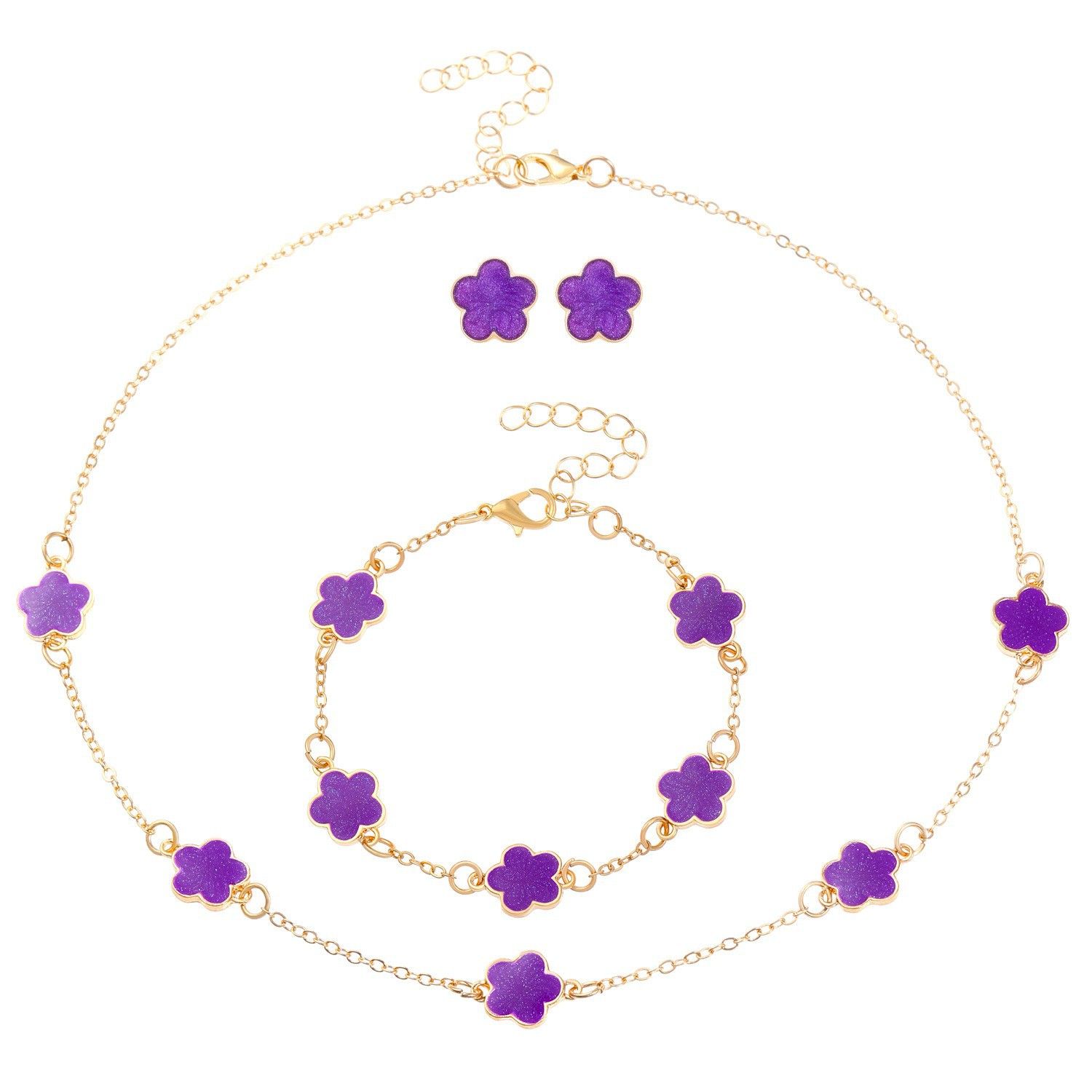 Chic Floral Accents - Complete Matching Bracelet/Necklace with Delicate Five Petal Design